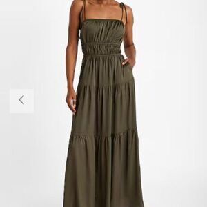NWT, Express • Square Neck Sleeveless Tie Shoulder Ruched Tiered Maxi Dress